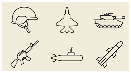 Naklejka premium Military and defense icon set with helmet jet tank rifle submarine missile symbols military icons army symbols warfare icons combat symbols jet fighter battle tank assault rifle