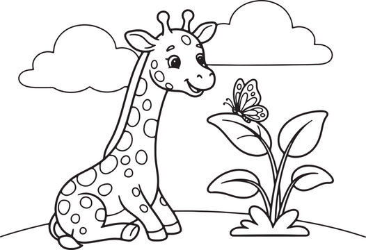 Cute cartoon giraffe with spotted pattern in green field spots
