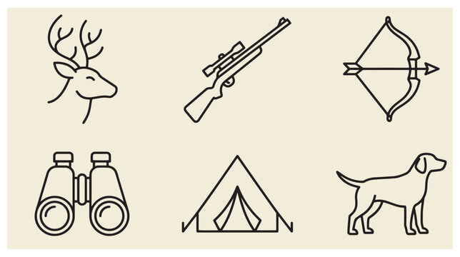 Hunting and outdoor survival icon set with deer rifle bow binoculars tent hunting dog hunting icons wildlife icons camping icons deer head hunting gear vector icons line icons