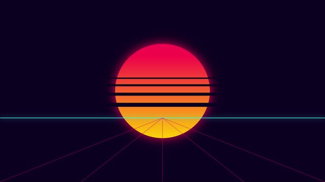 Retro synthwave sunset horizon with glowing neon grid lines, 80s aesthetic motion animation 4k background