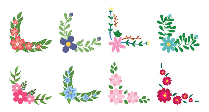 Lush floral corner frames collection. Flat vector illustration of dense botanical edge borders with vibrant pink spring flowers.