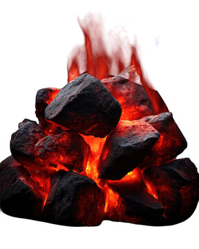 Burning charcoal coals glowing red beneath rising flames on white background