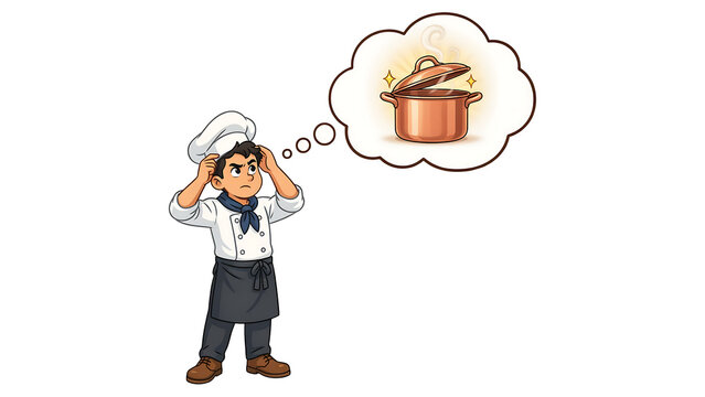 Cartoon man with chef hat and apron thinking of food, vector illustration of cook staring at thought bubble, cooking concept.