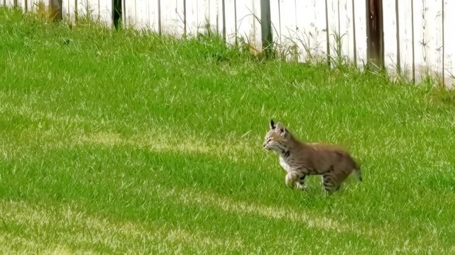 Side profile shot of a wild female bobcat walking across a grassy lawn followed closely by her small young kitten during the daytime.