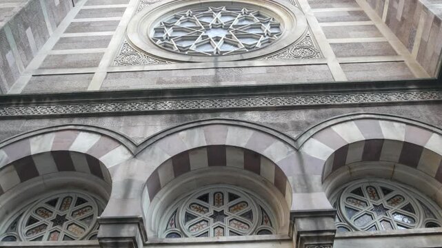 New York Central Synagogue old historic building 1872, Lexington avenue, United States of America. Jewish congregation in Manhattan. Judaism religion landmark. Star of David geometry ornament. Window.