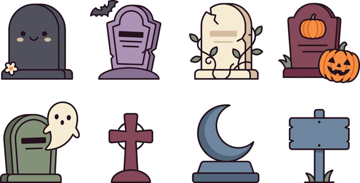 Cute Halloween Icon Set Featuring Cartoon Tombstones, Ghost, Pumpkins, Bat, Cross, Moon, and Wooden Sign Vectors for Spooky Holiday Designs