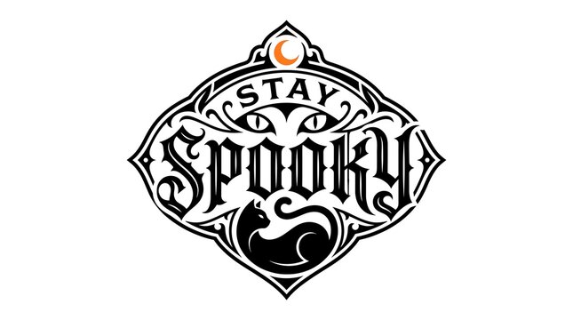 Stay spooky gothic emblem with a black cat silhouette and crescent moon, vintage style vector illustration for halloween design