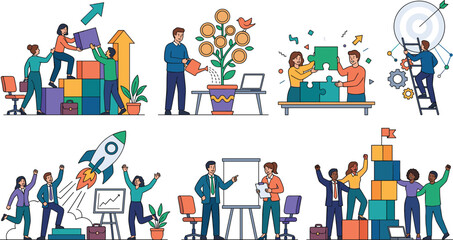 Fototapeta premium Startup Business Teamwork and Growth Concept Set with Rocket Launch Money Tree Target Goal Puzzle Solution and Presentation Vector Illustrations