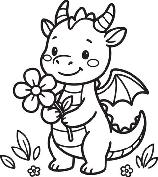 Cute cartoon girl holding colorful flowers, black and white spring