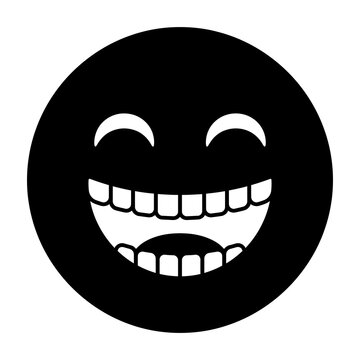 Black circle face icon with big teeth smile and eyes
