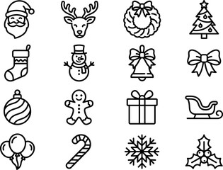 Fototapeta premium Collection of christmas icons in linear style on a white background