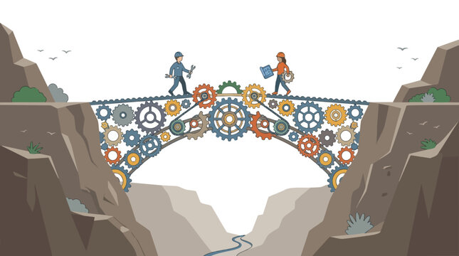 Industrial gear bridge connecting cliffs, engineering teamwork concept with gears and cogs, professional engineers building a bridge