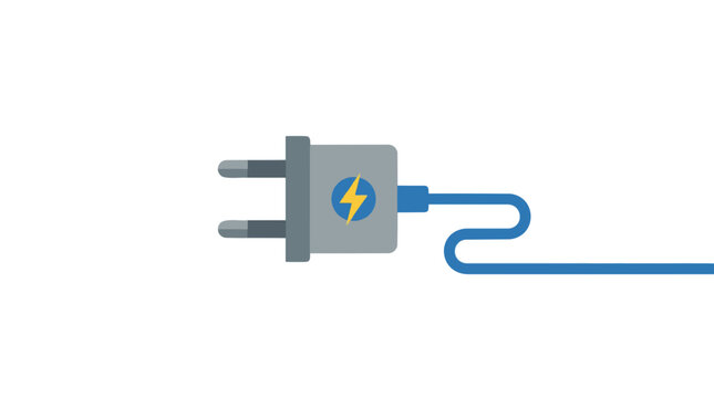 Electric power plug with lightning bolt icon, blue charging cable vector illustration, energy and electricity supply concept