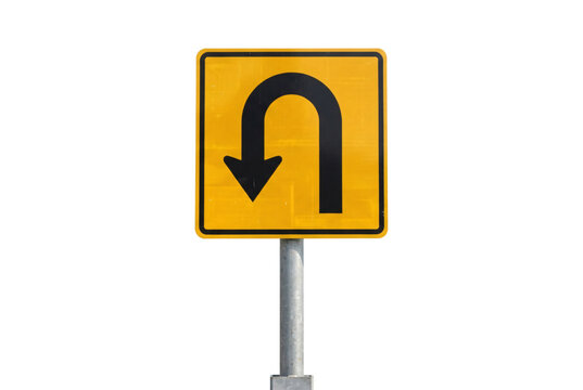 Yellow square U-turn traffic road sign featuring a black curved arrow indicating a reverse turn ahead on post.