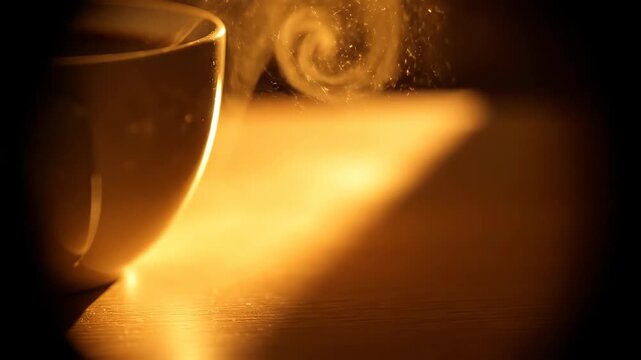 Close-up of steam gently rising from a coffee cup, illuminated by warm morning sunlight, with tiny shimmering particles floating in the air.