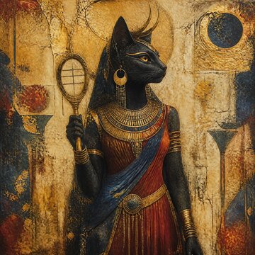 Cat-Headed Goddess Bastet Holding Golden Sistrum Egyptian Art