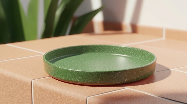 A green ceramic bowl sits on a terracotta tiled surface.