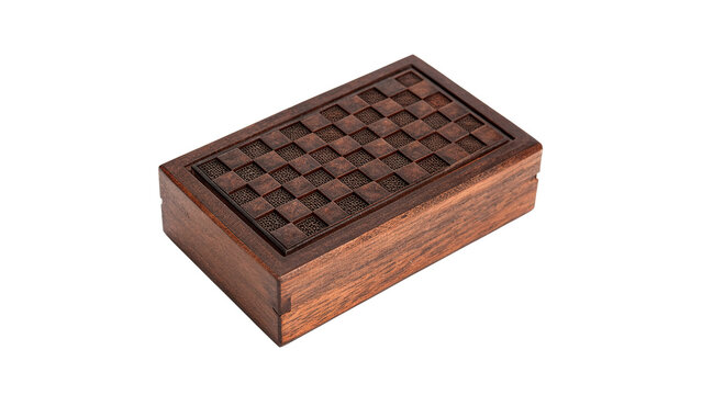 Closed vintage rectangular wooden checkers box board game isolated on a white background