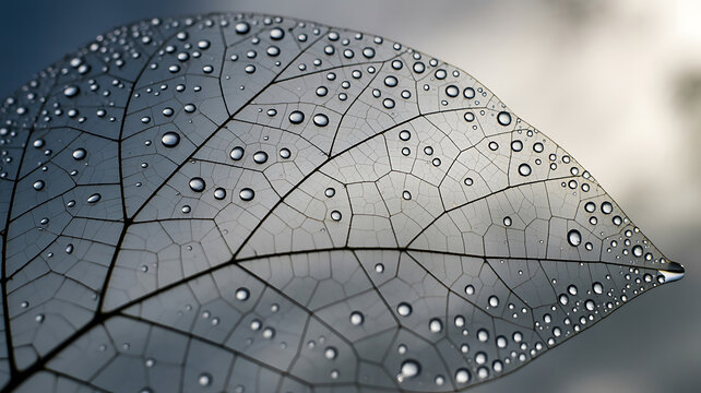 Transparent skeleton leaf with water drops, delicate leaf veins macro photography, morning dew on translucent foliage