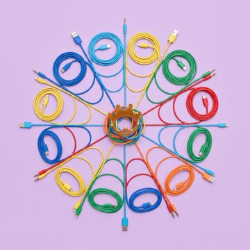 Colorful coiled cables arranged in circular pattern around golden crown on purple background, creating vibrant and organized tech display with various connector types
