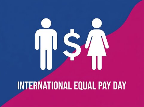 Vector illustration for International Equal Pay Day showing gender symbols with dollar sign on dual-color backdrop.