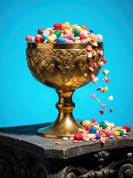 Golden chalice overflowing with colorful pills and heart shaped tablets spilling over edge on stone pedestal against blue background, symbolizing health and medicine