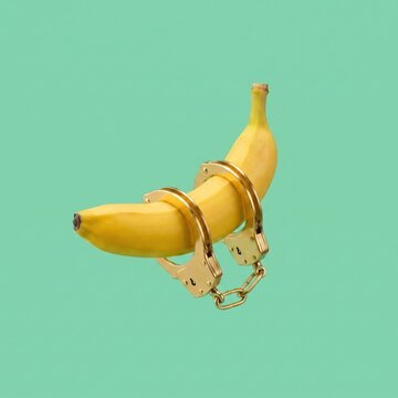 Golden banana with locked handcuff turquoise background conveys playful restraint and humorous surrealism, creating bold conceptual image for crime, justice, food, and creative advertising themes