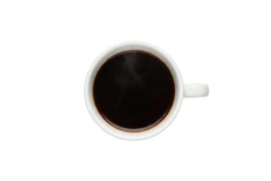 Top view of a white ceramic mug filled with steaming hot black coffee isolated.