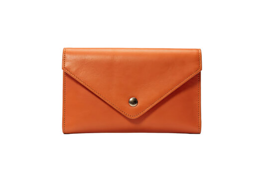 A rectangular orange leather envelope clutch wallet with a single metal snap button closure isolated on a transparent background