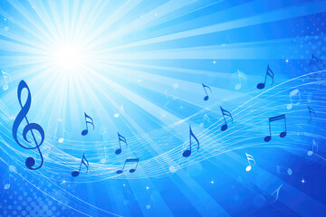 Fototapeta na wymiar Blue abstract music background with musical notes, sound waves and light rays