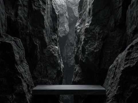 Dramatic rocky canyon with a dark stone platform for product presentation and moody atmospheric lighting