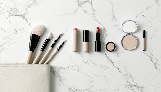 Assorted cosmetic brushes, lipsticks, and compact makeup displayed on marble
