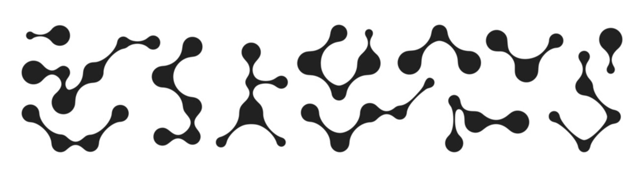 Connected metaball shape form abstract geometric pattern with flowing organic form and circular dot vector illustration set. Creating a modern tech concept innovative graphic design connection symbol.