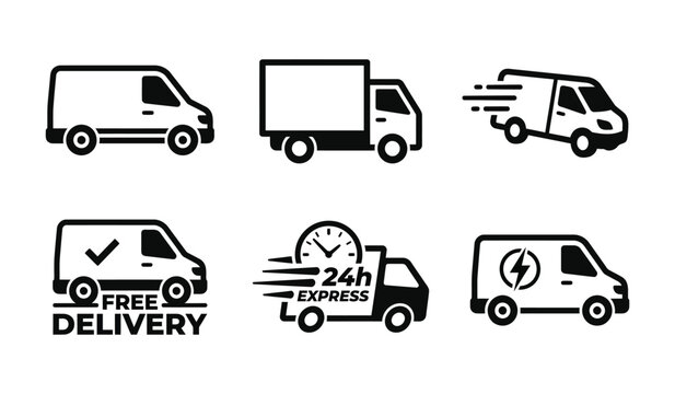 Shipping and logistics truck icon set featuring express delivery, parcel transport, cold chain, global freight and same day courier symbols in black vector style.
