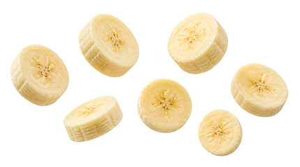 Obraz premium Floating banana slices isolated on transparent background