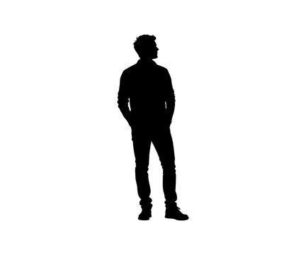 Silhouette of a man standing, black color isolated on white background.
