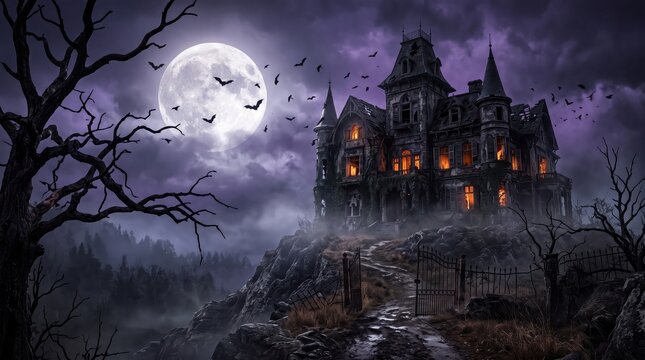 Eerie Haunted Mansion on a Gloomy Hill Under a Full Moonlit Sky at Night