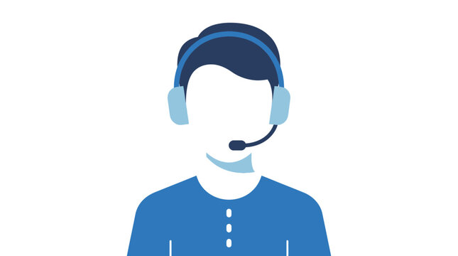 Customer service agent wearing professional headset for communication tasks shown as a clean, minimalist vector graphic illustration in blue tones