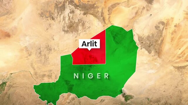 Niger map showing the highlighted Arlit region in a motion video clip