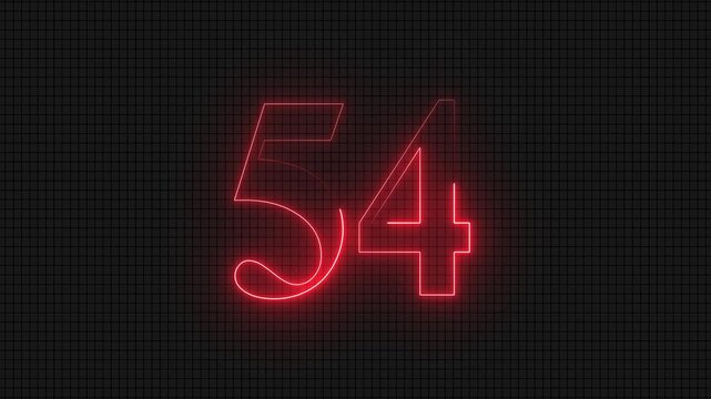 Glowing red neon number fifty four on dark grid