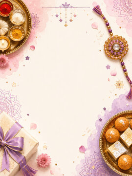 Elegant Raksha Bandhan festive border with rakhi, Indian sweets, gifts and traditional decorations