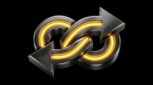 Metallic infinity loop symbol featuring glowing golden neon lights integrated into brushed dark steel surfaces creating a bold industrial design concept isolated on a solid black background for profes