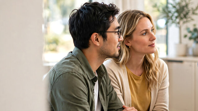 The couple appears engaged, hopeful, thoughtful, and emotionally connected, creating an authentic healthcare consultation scene related to fertility planning, pregnancy consultation.