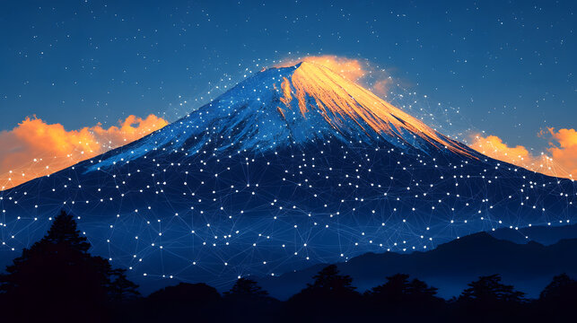 Beautiful snow covered Mount Fuji peak during a clear starry winter night.