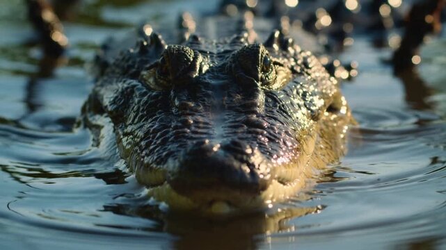 Gliding crocodile head sensing camera, moving toward lens at shallow marsh, creating ripples