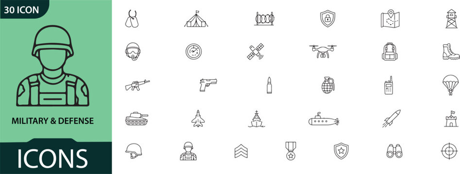 Set of military and army icons featuring soldiers tanks weapons and tactical equipment line art