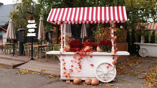Decorative autumn fair cart with striped roof standing outdoors. Beautiful seasonal display with red flowers, pumpkins, garlands, and golden leaves background for Thanksgiving and fall festival.