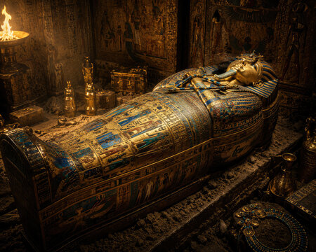 Ancient Egyptian sarcophagus with golden mummy mask in a mysterious tomb chamber