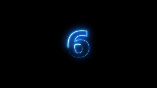 Neon Number 6 Animation. Glowing Futuristic Countdown Number Icon 4k Video.