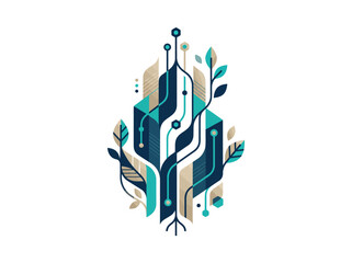 Fototapeta premium Abstract Geometric Digital Tree Illustration Featuring Modern Tech Circuitry Patterns and Organic Leaf Elements for Sustainable Technology Design
